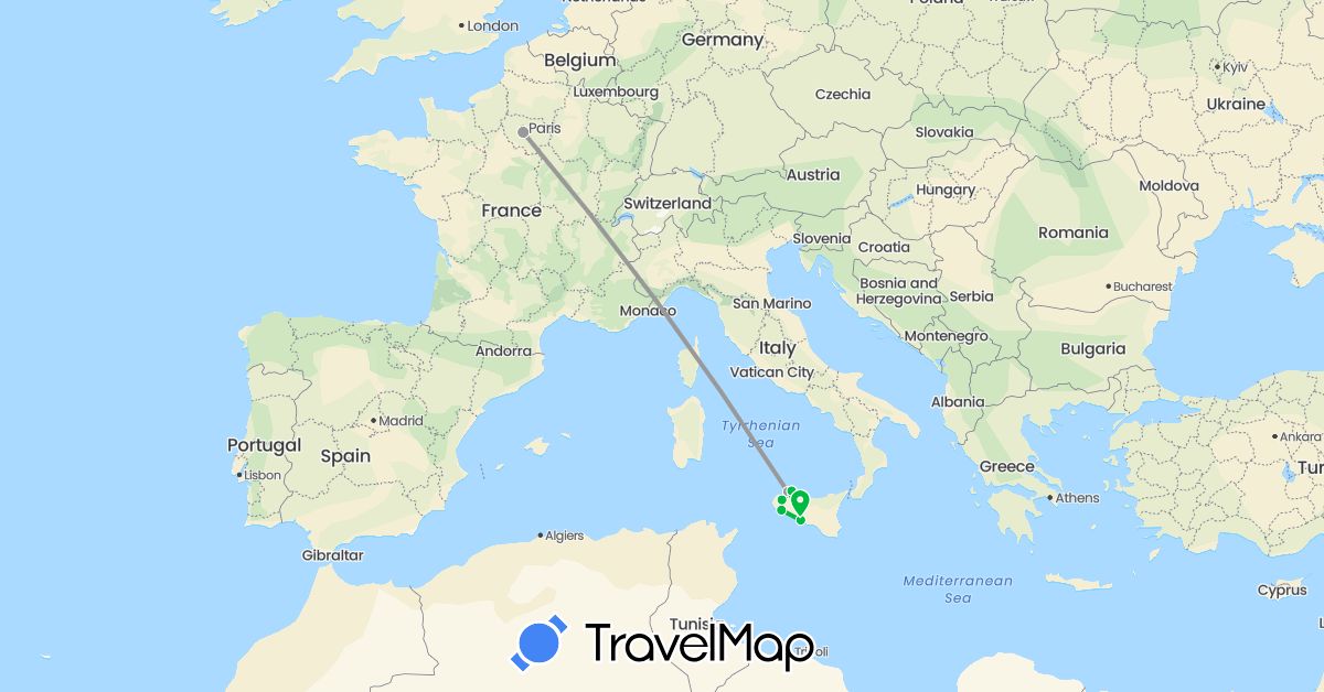 TravelMap itinerary: driving, bus, plane, hiking in France, Italy (Europe)